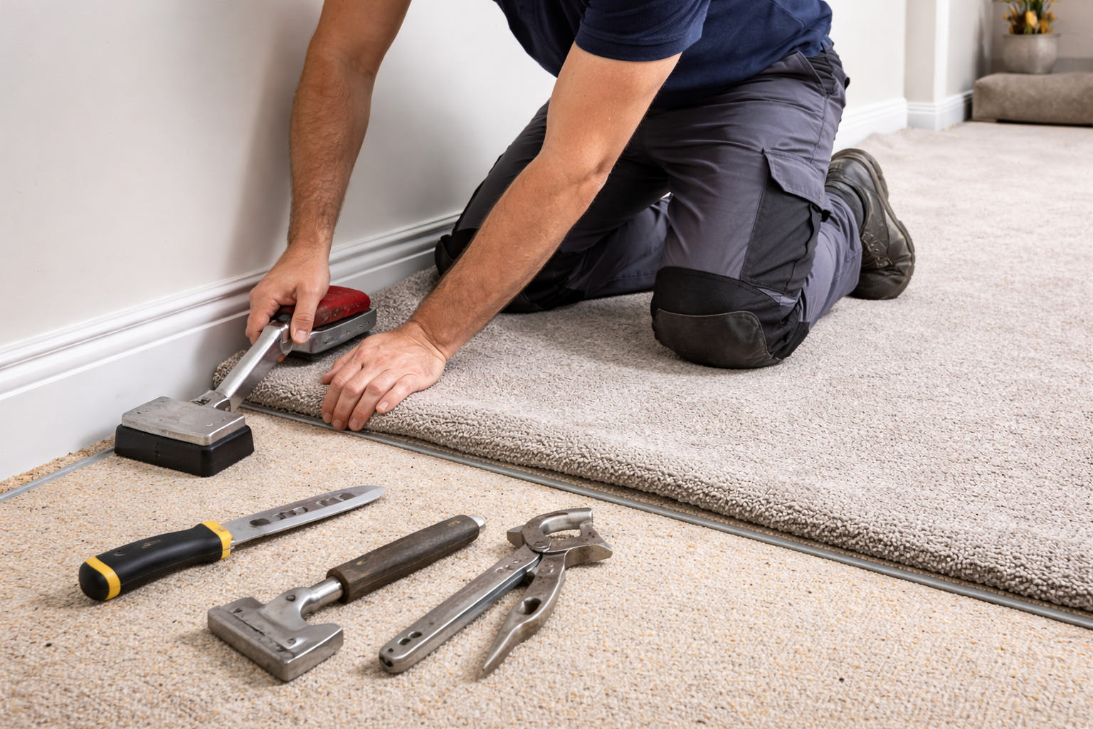 A carpet fitter laying new carpet