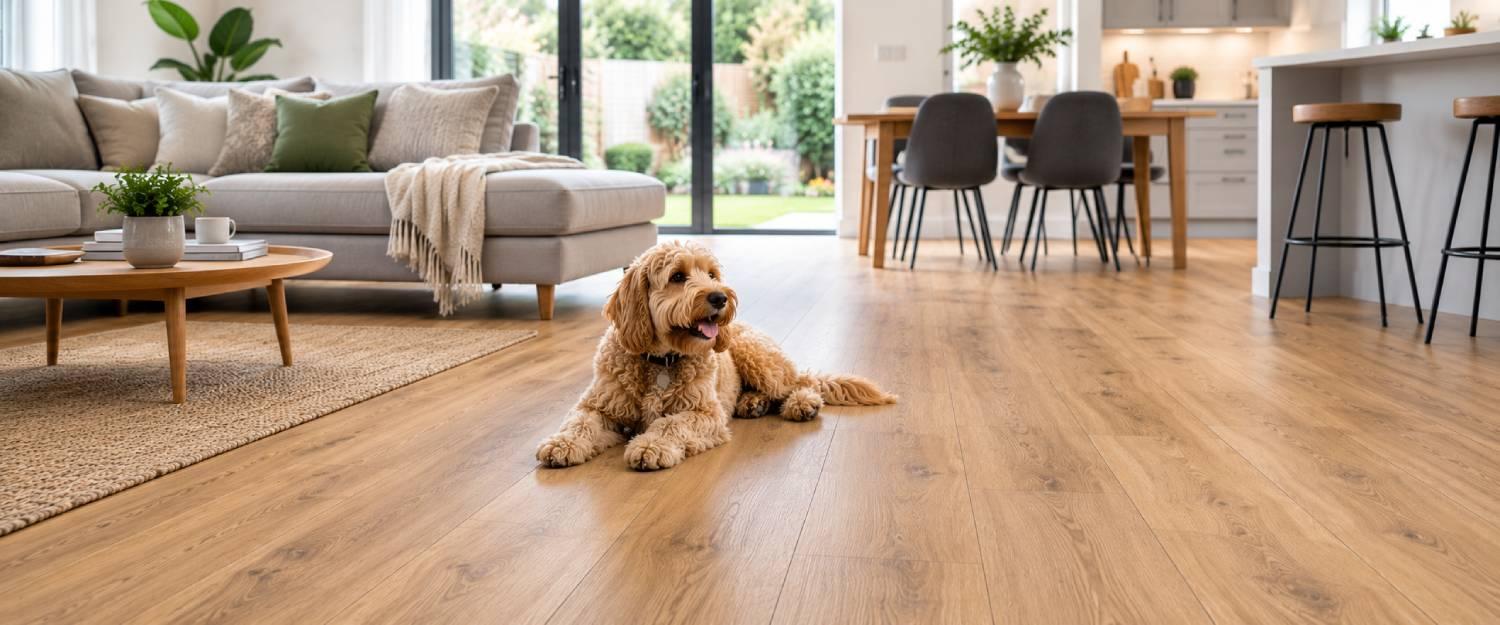 Modern open-plan family home with oak laminate flooring and a dog lying on the floor, showing an easy to clean surface for allergy-conscious households