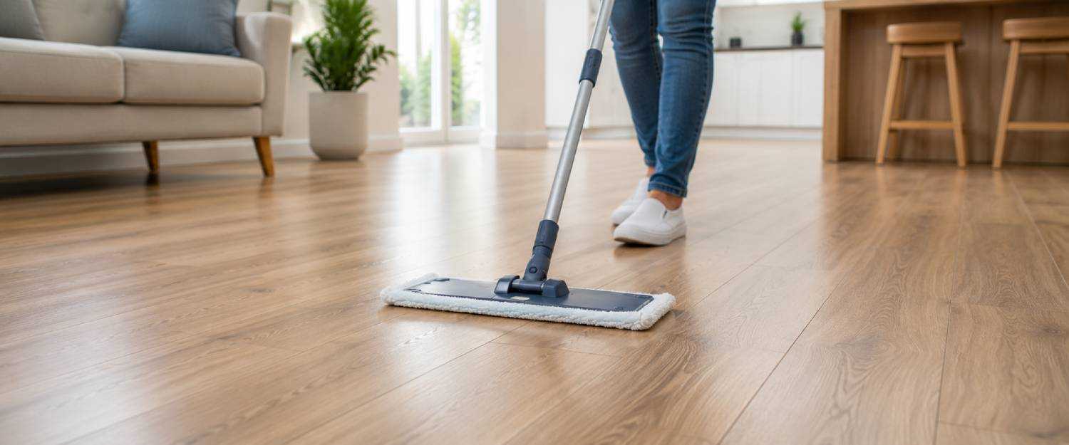 Person using a microfibre mop to clean modern laminate flooring in a bright home, helping remove dust and allergens