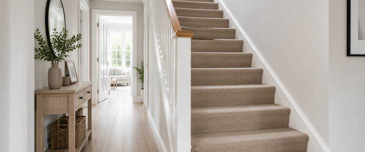 Bright contemporary hallway with a staircase fitted with a durable neutral twist pile carpet, white spindles, oak handrail and natural daylight