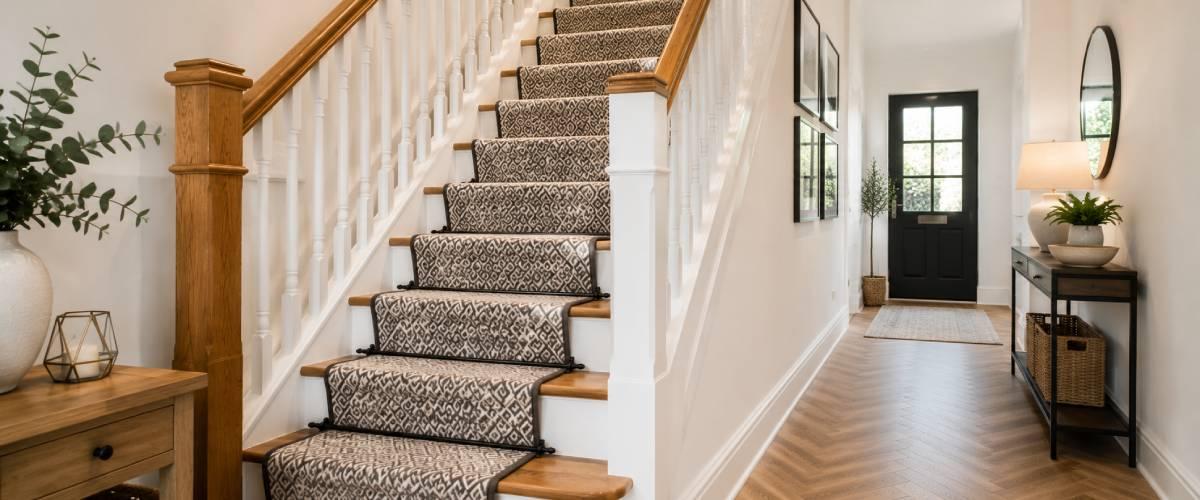 Elegant oak staircase featuring a patterned stair runner with black stair rods, white spindles and a bright contemporary hallway