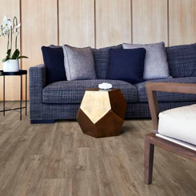 Blue-grey sofa with navy and grey cushions, a faceted wooden coffee table, light wood floor, wood-paneled wall, and a side table with a white orchid.