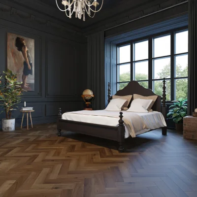 Luxurious dark-paneled bedroom with a four-poster bed, white linens, beige throw, large windows, chandelier, globe on a side table, plants and a wall painting.