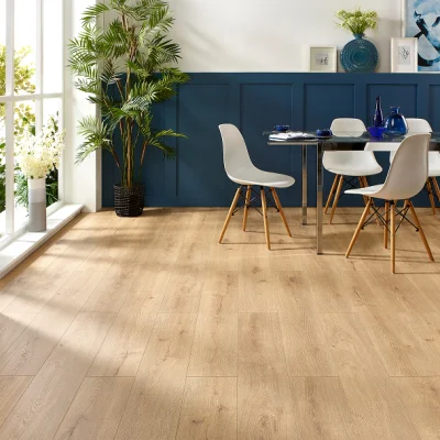 Bright dining area with light wooden floor, blue paneled wall, glass table and white chairs; large window, tall potted plant, and blue decor.
