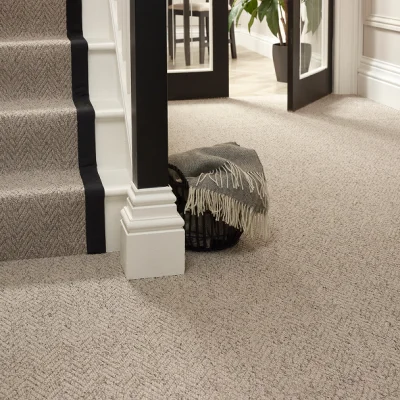 Carpeted hallway with stairs and white trim; a dark basket draped with a grey fringed throw sits by the doorway, with a potted plant visible beyond.