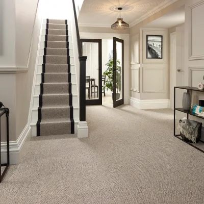 Bright hallway with beige carpet, stairs left, open double doors to a room with a potted plant, framed black-and-white photo, and a shelf of decor.