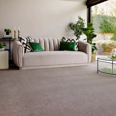 Beige tufted sofa with green and black‑white chevron cushions in a bright living room, with potted plants and a glass coffee table by a large window.