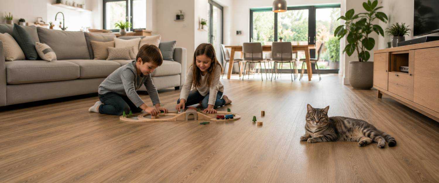 Modern family home with realistic oak laminate flooring, children playing and a cat resting on the floor in a bright contemporary living space