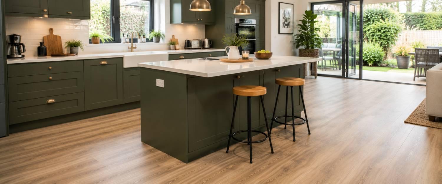 Bright contemporary green kitchen with realistic wood effect vinyl flooring, kitchen island and modern cabinetry in a family home