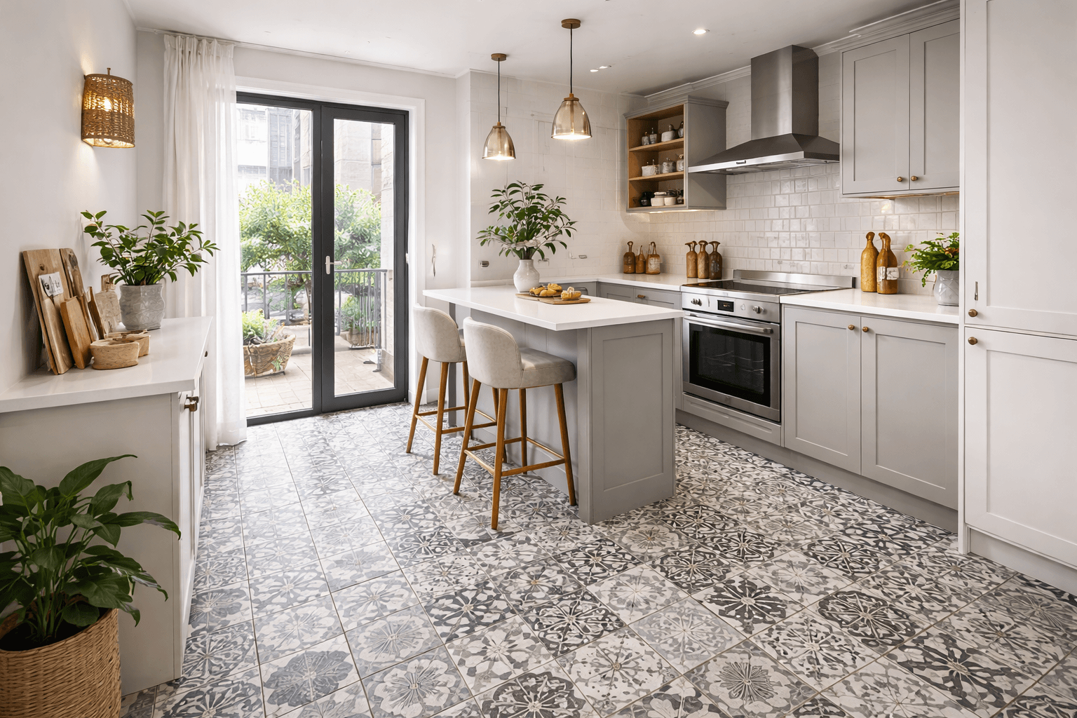 Modern grey kitchen with grey mosaic flooring