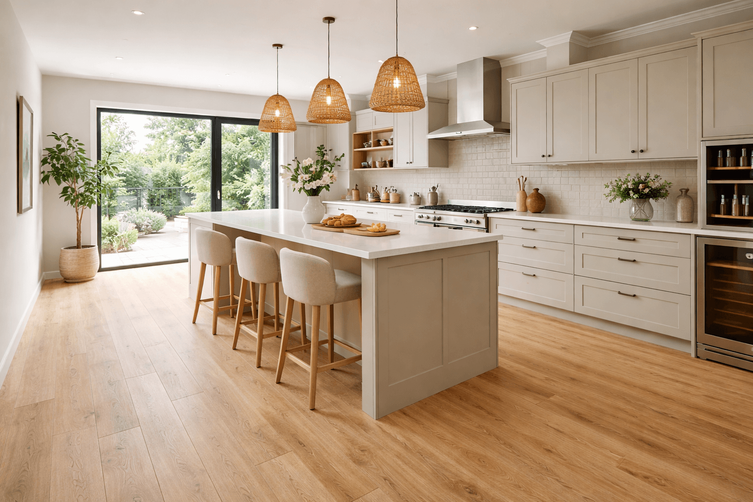 Modern kitchen with warm neutral wooden flooring