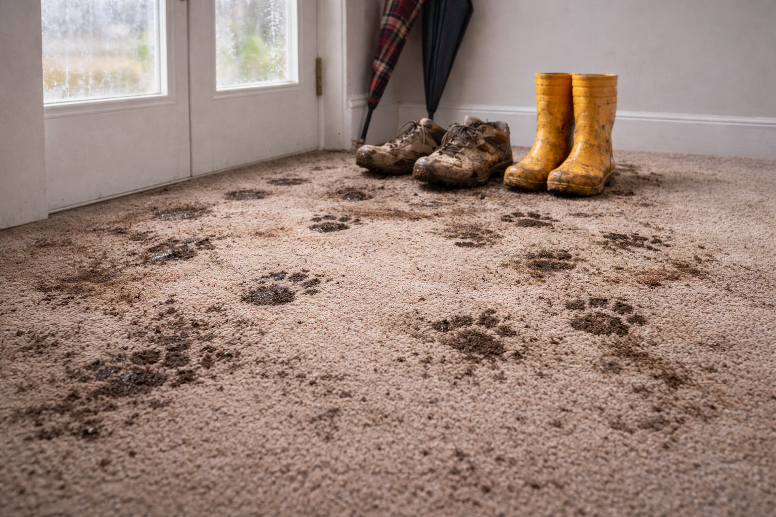 Muddy footprints on carpet made by dirty shoes and wellies