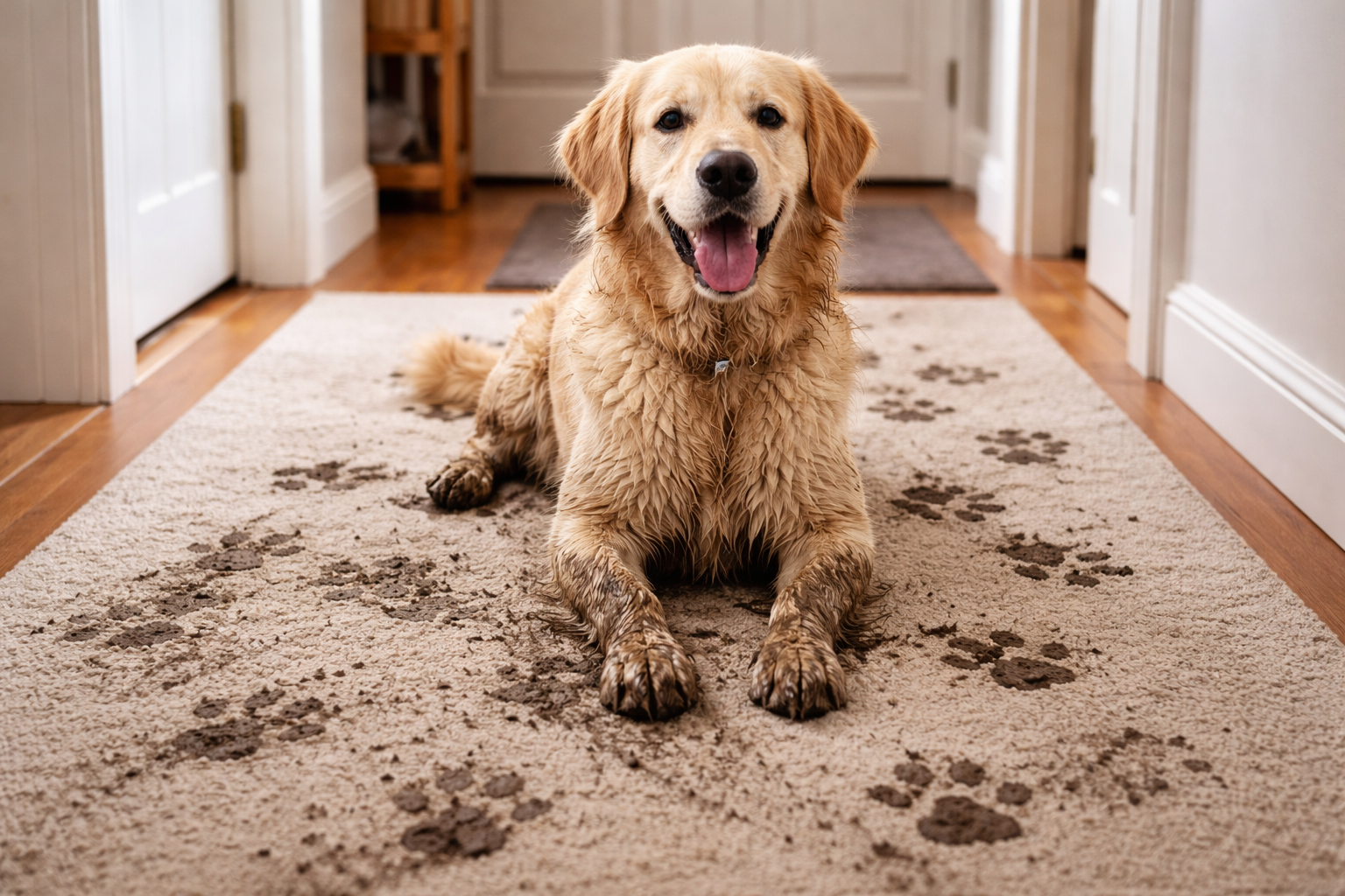 A muddy dirty dog laying down, looking happy in the hallway with mud on the carpet