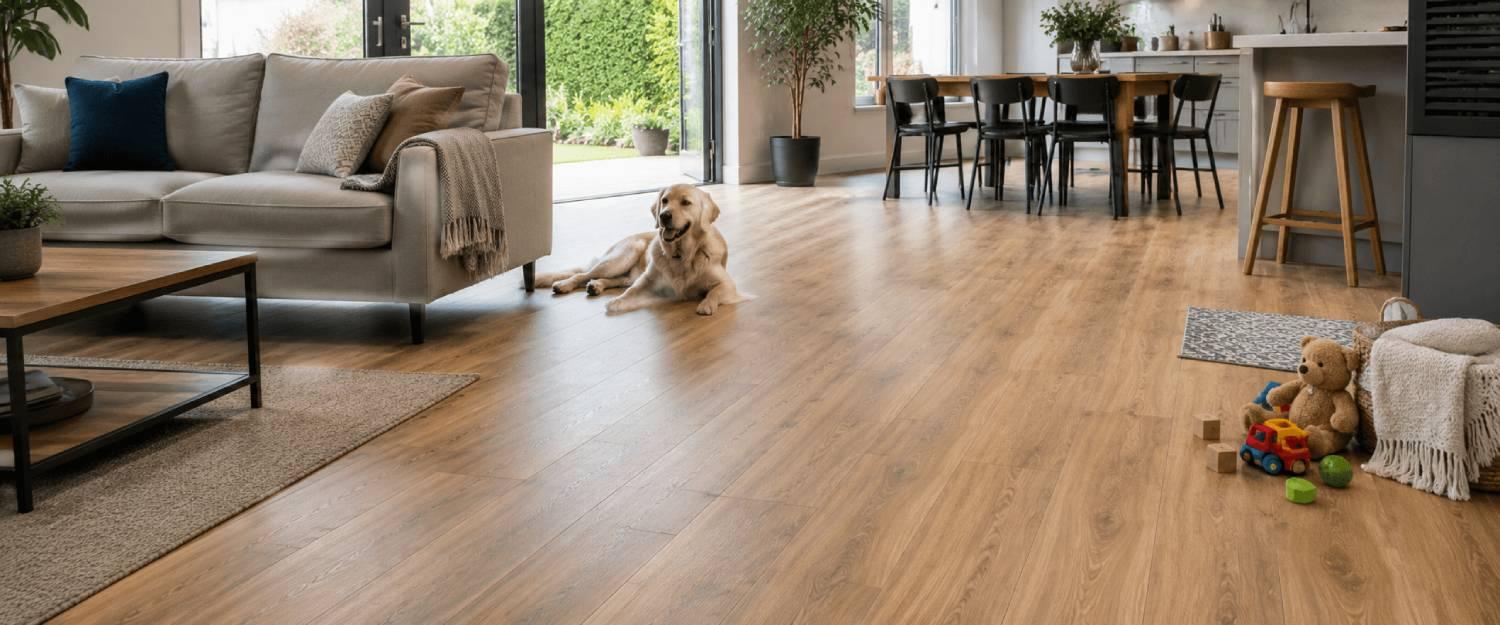 Open plan family home with durable oak laminate flooring, children's toys and a dog showing everyday practicality