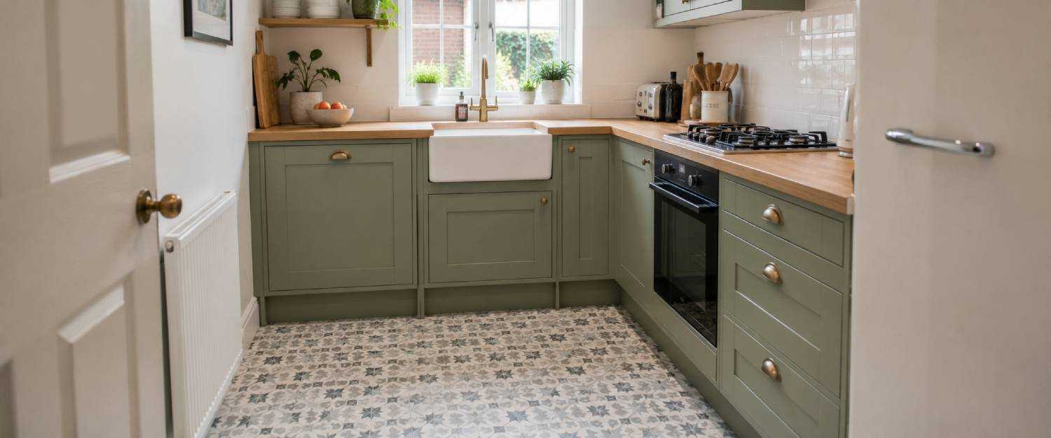 Compact modern kitchen featuring stylish patterned vinyl flooring, sage green cabinets and natural daylight
