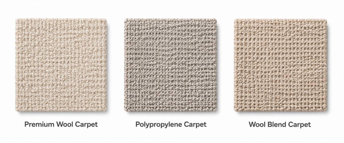 Three carpet material swatches comparing premium wool carpet, polypropylene carpet and wool blend carpet on a white background
