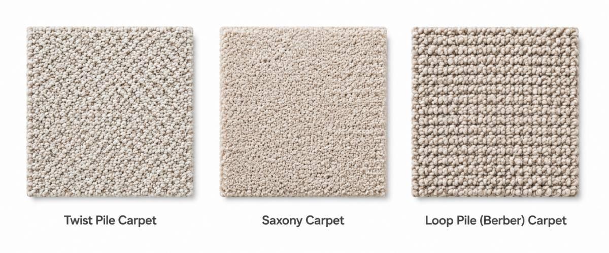 Three carpet texture samples showing twist pile carpet, Saxony carpet and loop pile Berber carpet on a white background