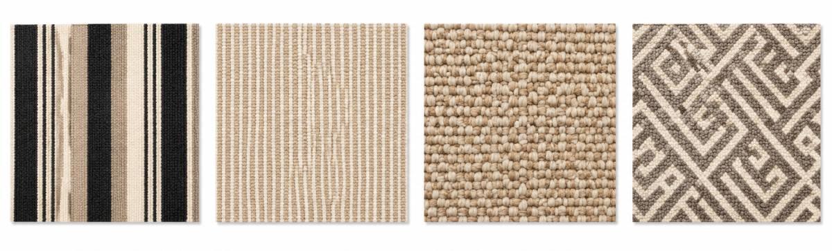 Four square carpet swatches showing bold striped, neutral woven, textured woven and contemporary geometric stair runner designs