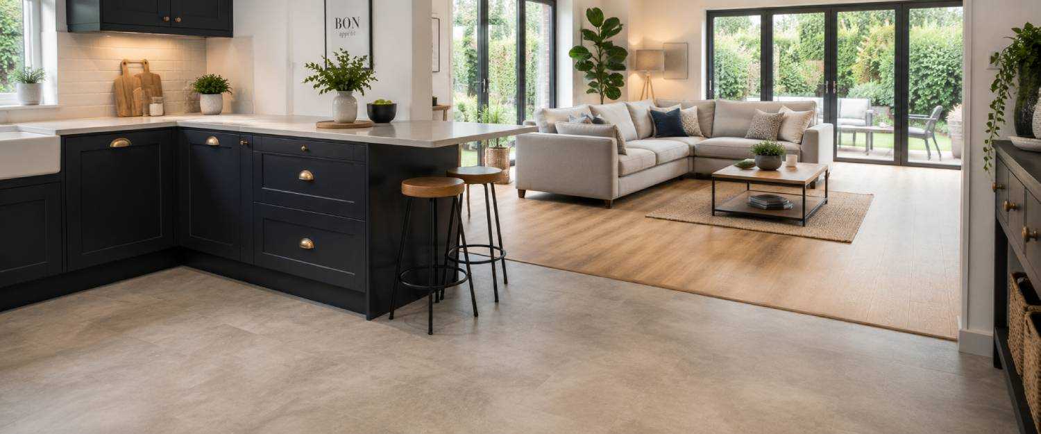 Modern open-plan home featuring waterproof vinyl flooring in the kitchen connected to a living room with realistic oak laminate flooring