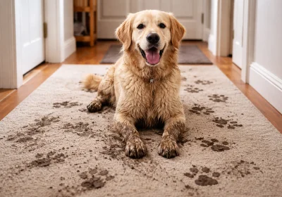 Muddy Dog with Muddy Paws on Beige Rug