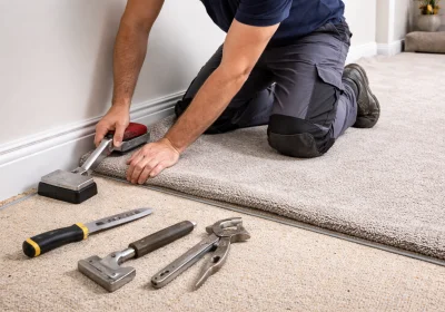 A carpet fitter fixing carpet