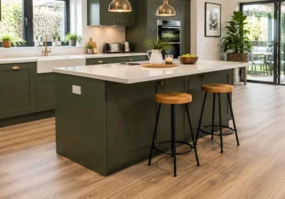 Modern Green Kitchen with Wood Effect Vinyl Flooring