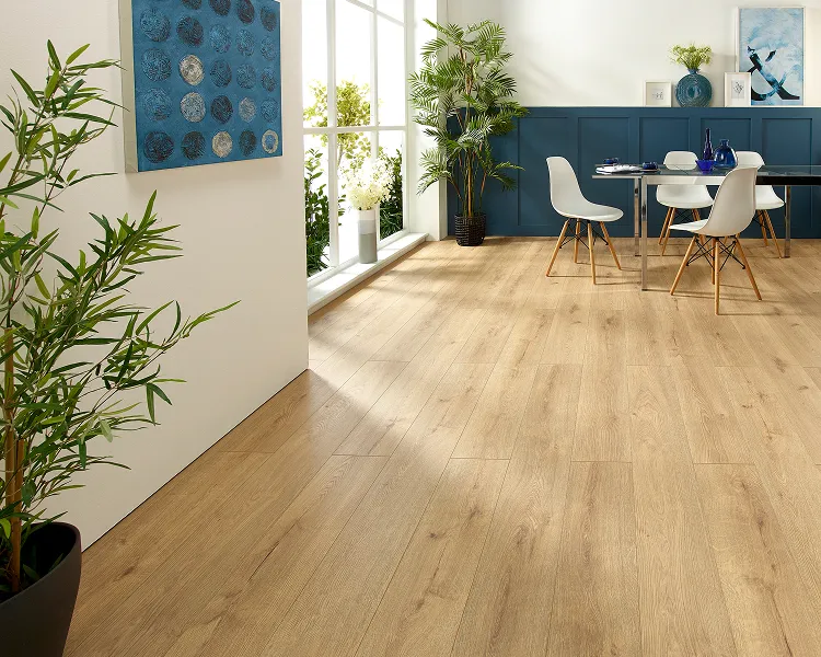 Bright modern dining area with light wooden floor, blue wall paneling, white chairs around a round glass table, and tall potted plants by a large window.
