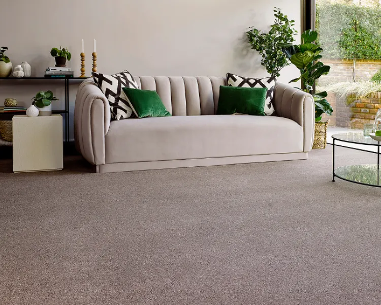 Bright modern living room with a pale beige tufted sofa, green and black‑and‑white patterned cushions, a glass coffee table, and potted plants by a large window.