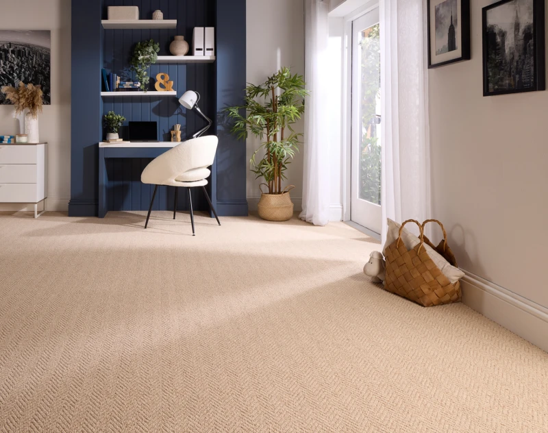 Bright home office in a blue alcove with a white desk and chair, shelves, laptop and lamp; tall plant beside a glass door with sheer curtains.