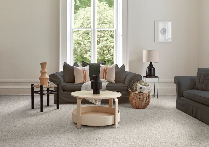 Living room with a grey sofa and neutral cushions, round cream coffee table, woven basket, tall window with greenery, and beige carpet.