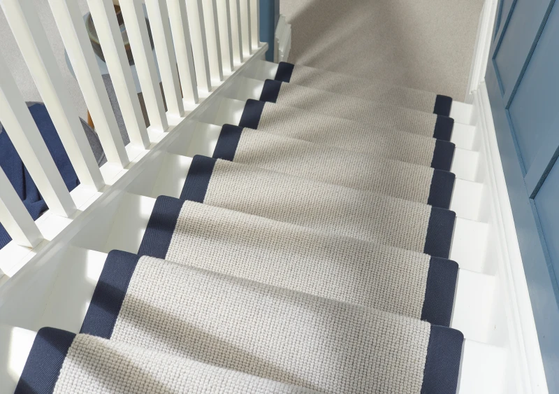 Interior staircase viewed from above, beige carpet runner with dark navy edging, white balustrade on left and blue walls along the right.
