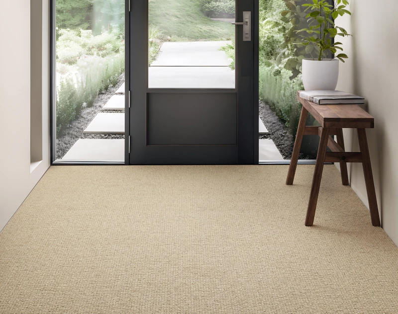 Beige-carpeted entry with a dark-framed glass door opening to a stepping-stone garden path; a wooden bench on the right holds a potted plant and books.